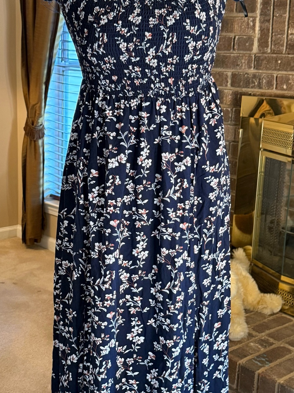 Navy Floral Smocked Maxi Dress XL Cottagecore Ruffle Sleeve Romantic Boho